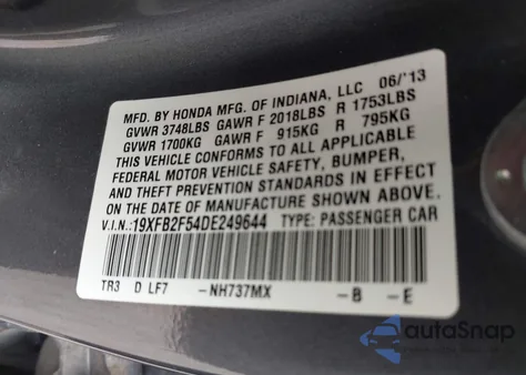 2013 Honda Civic Lx z USA, uszkodzony, nr VIN 19XFB2F54DE249644